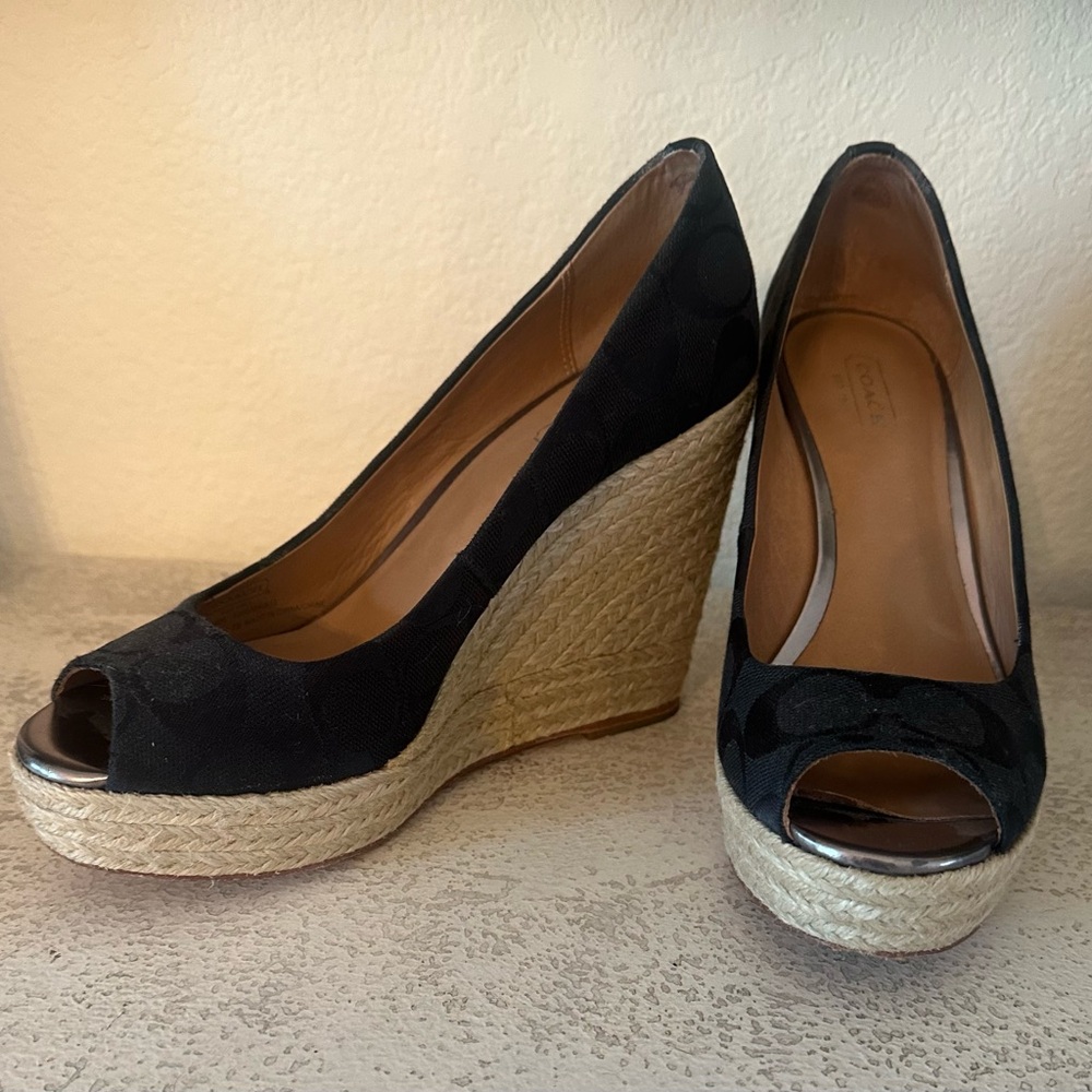 Coach Milan Signature Peep Toe Wedge Espadrille Heels - Size 7 Black